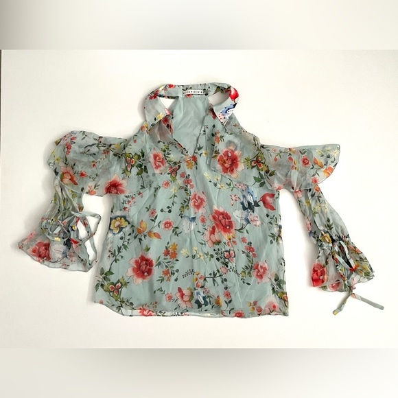 ALICE + OLIVIA BLAYNE FLORAL COLD SHOULDER SILK TOP FLORAL SOIREE DUSTY AQUA M - Picture 2 of 9